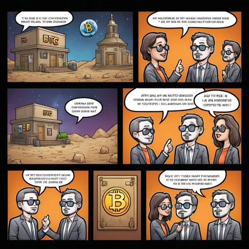 Prompt: crypto themed comic  strip(1panels) for $BTC and $SHIB