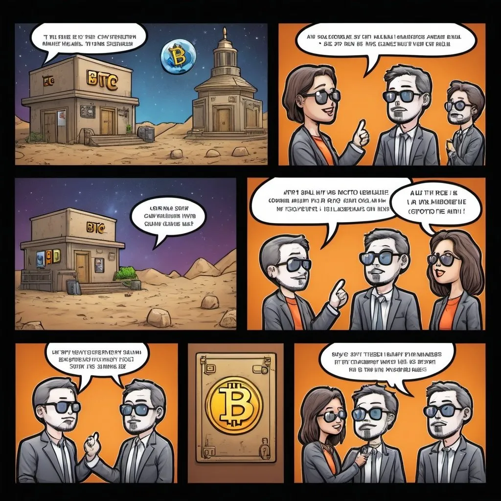 Prompt: crypto themed comic  strip(1panels) for $BTC and $SHIB