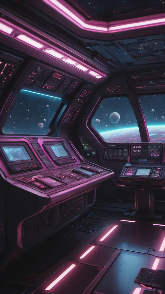 Prompt: Photorealistic depiction of a futuristic spaceship interior showing a complex control panel illuminated by multi-colored lights, UFOs flying past the spaceship windows, they are pink in color. Engaging alien technology, high resolution, 4K clarity, cool tones on a dark starry background, dynamic space environment, atmospheric and impressive, oriented towards a science fiction aesthetic, 9:16 aspect ratio.