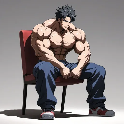 Prompt: An anime person with a very strong build sitting on a chair