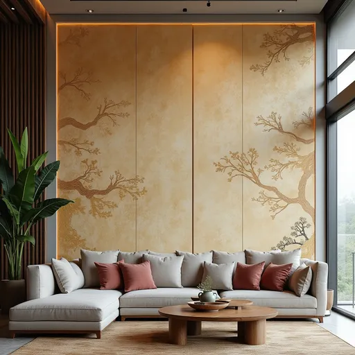 Prompt: Design a 7-meter double-hide wall, and decorate it with organic lines and a Chinese and eclectic style. 