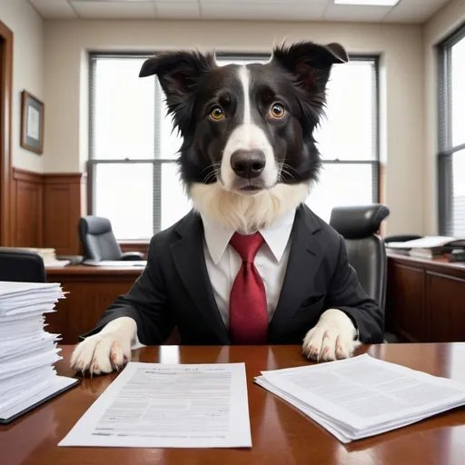 Prompt: Imagine a dog, perhaps a clever-looking Border Collie, sitting at a large wooden desk in a law office. The dog is wearing a tiny suit and tie, with reading glasses perched on his nose. Papers and legal documents are scattered across the desk, some with red markings or stamps. The dog’s expression is one of frustration, with its ears slightly drooping and a furrowed brow as it stares at a computer screen or a thick stack of contracts. There might be a legal book open beside him, and a coffee mug labeled “#1 Lawyer” to add a humorous touch.