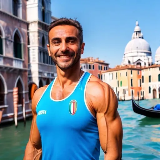 Prompt: Round Frame profile picture of Italian fitness coach, smiling, arms crossed, outside with Venice background, realistic face