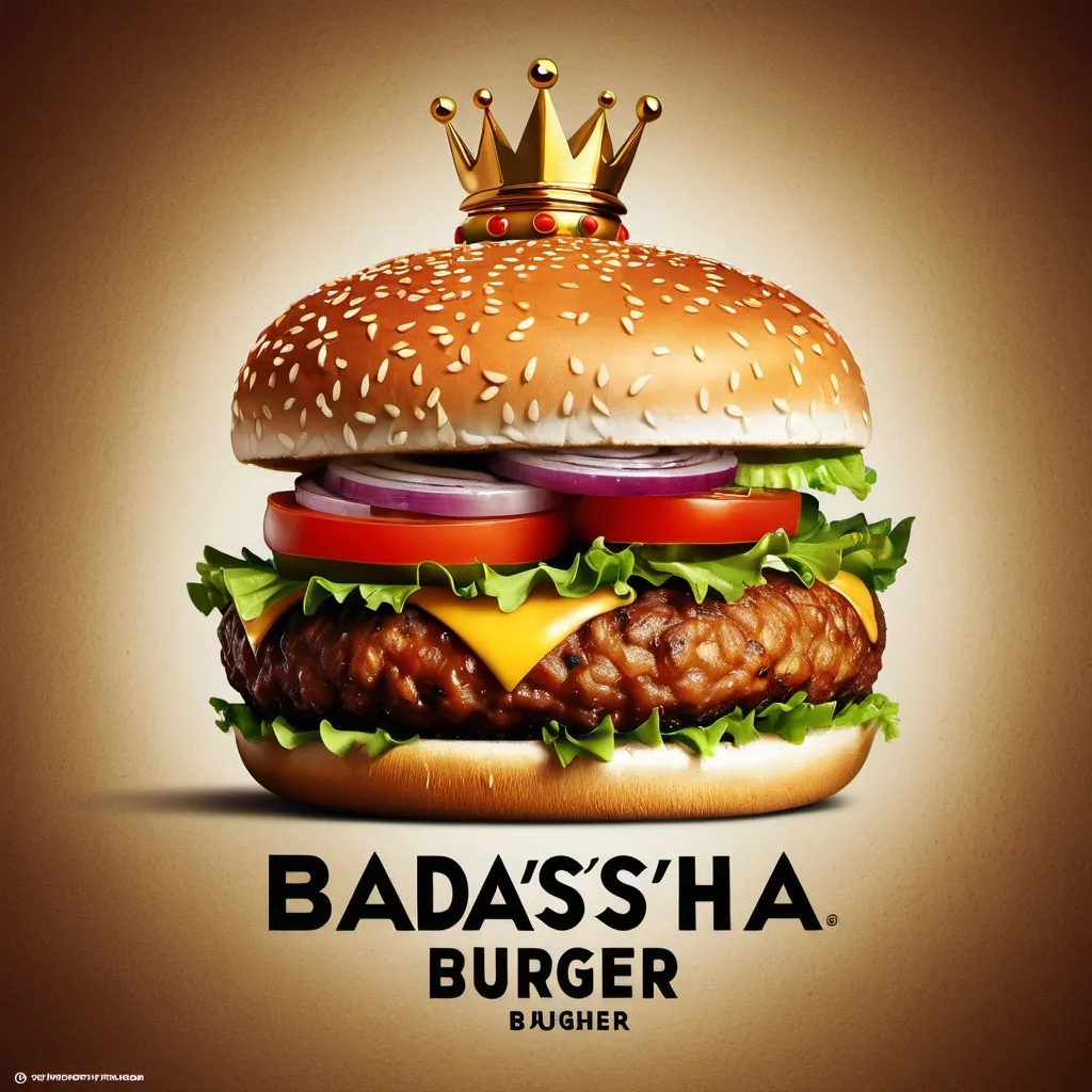 Prompt: Design a bold poster for ‘Badshah’s of Burger’ featuring a zero-oil burger tikki. Showcase a golden, crispy burger patty with fresh vegetables like lettuce, tomatoes, and onions. The name ‘Badshah’s of Burger’ should be prominently displayed in royal-style lettering at the top, with a crown symbol to highlight the premium quality. The background should be clean and modern, with a focus on the healthy, oil-free nature of the burger.