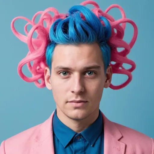 Prompt: een man met een suikerspinnen haar roze en blauw