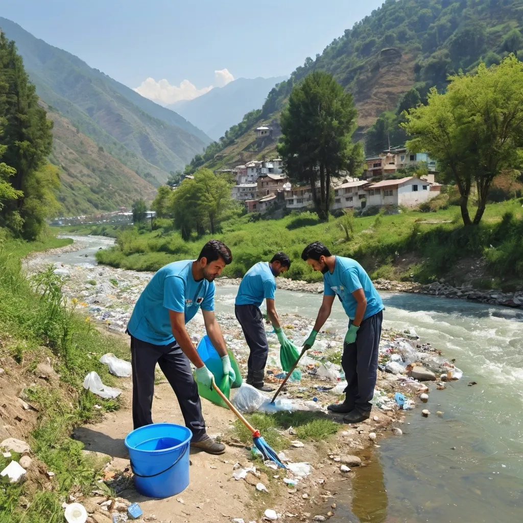 Prompt: (man with his team cleaning plastic and litter from river), valley of Dehradun, nature preservation, teamwork, determination, dirty river,  green valley, some houses near by mountains in the background, sunny day, clear blue sky with few white clouds, pine trees and wildflowers, ultra-detailed, high quality, serene atmosphere, environmental conservation.