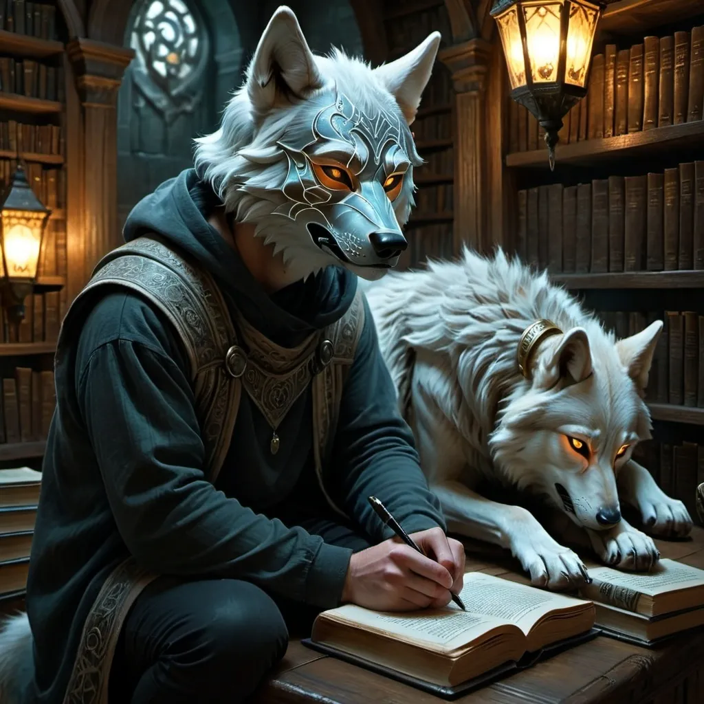 Prompt: Man with a wolf face mask hunched over a book, writing a new adventure, tail resting below in calm solemnity, 3 large glowing books nearby, high quality, detailed, digital art, fantasy, magical, warm tones, soft lighting, detailed facial features, intense focus, intricate mask design, mystical ambiance