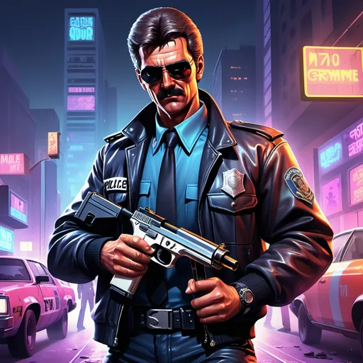 Prompt: male character with a gun,game poster artwork based on these details
● Police, Crime, 70-80s, Disco: Reflect the intense, high-stakes world of crime and
strategy.

