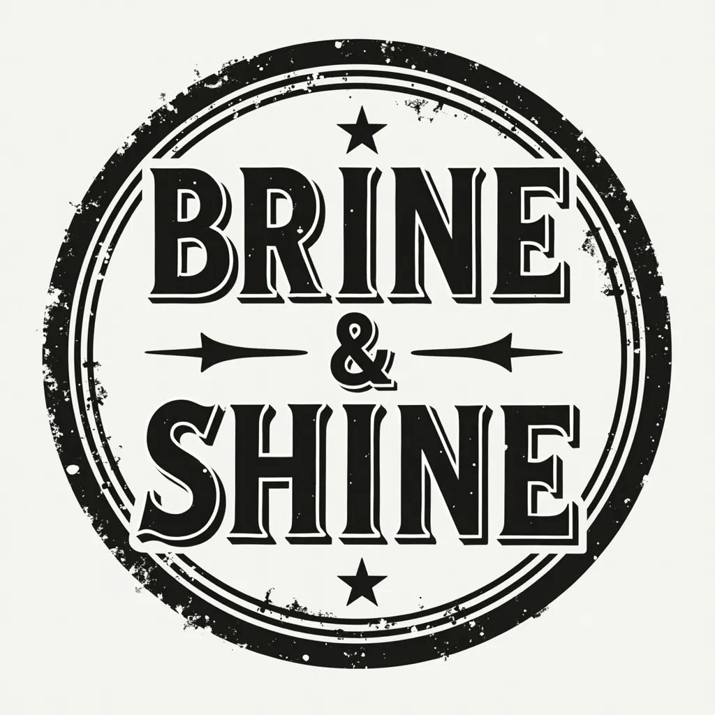 Prompt: Generate a logo "BRINE & SHINE" that can be printed onto a circle shaped object.

Keep the image monochrome in color.

Use an old timey font.