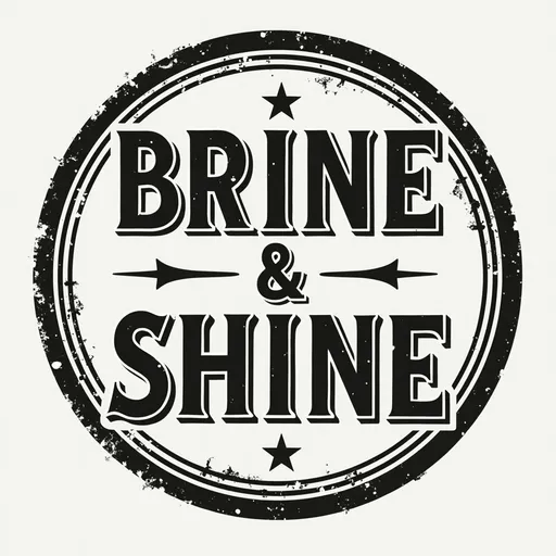 Prompt: Generate a logo "BRINE & SHINE" that can be printed onto a circle shaped object.

Keep the image monochrome in color.

Use an old timey font.