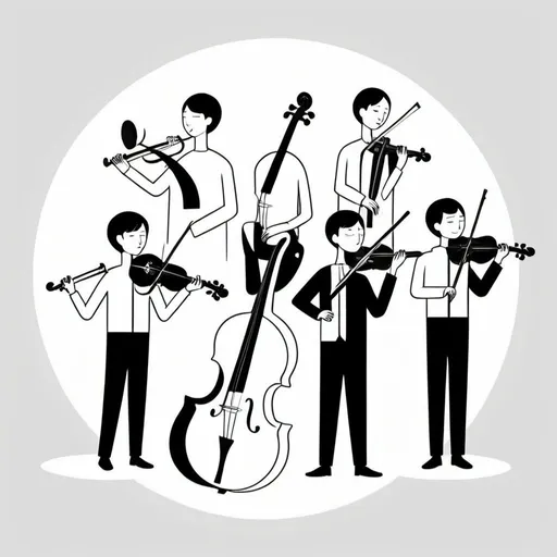 Prompt: Flat illustration of children chamber music quartet simple forms, simple shapes, vector, minimalism, black and white, abstract showing faces and instruments, circular, high energy, normal clothes, mixed faces