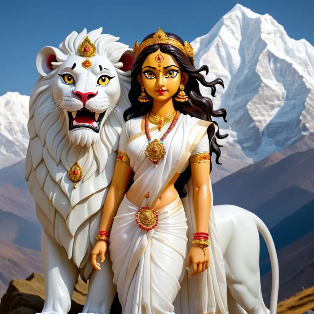 Prompt: Maa Durga in white saree with her Lion and in front of Himalaya mountain