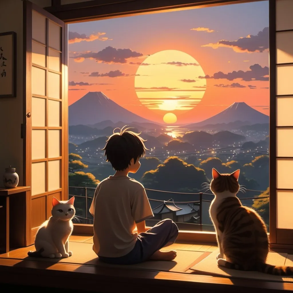 Prompt: generate a beautiful sunset, and a Japanese boy sitting in home with a cat and looking the sunset, this image should be looking like Ghibli studio animation