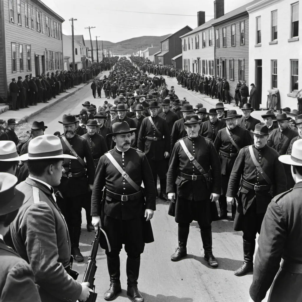 Prompt: The parade began advancing into what the Catholic's considered their territory. As a result, 100 to 150 Catholics from Riverhead, Harbour Grace, Newfoundland. Gathered to block the advancing parade. The Catholics were armed with guns and unarmed protestant constables were monitoring the parade. A riot broke out between the two sides. There was a lot of shouting, which was soon followed by gunfire; gunfire erupted all around. Before the fight, Head Constable, Edward Doyle was seen in the middle, talking to both groups