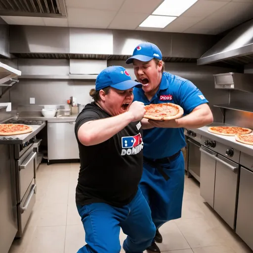 Prompt: Domino's employee's beating up a pizza, in a kitchen