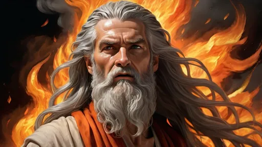 Prompt: Biblical prophet Elijah, long gray hair, gray beard, surrounded by fire, fire sent from heaven, fire everywhere, realistic