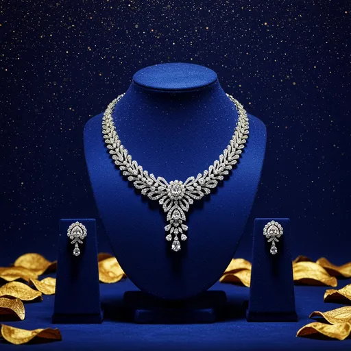 Prompt: Photo of an elegant diamond necklace displayed on a velvet stand, set against a royal blue background with golden sparkles drifting in the air. Include intricate gemstone details and soft reflections on the necklace, surrounded by golden petals. Emulate a Hasselblad X2D 100C and f/2.8 aperture, use softbox lighting for a luxurious glow, compose with the golden ratio and leading lines.