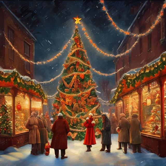 Prompt: Masterpiece art style of a old fashioned Christmas.  There is a warm glow and Christmas lights everywhere. THey people are clearly religious and happy. There is a tree with oranges and lights on it. IN the style of Michelangelo 