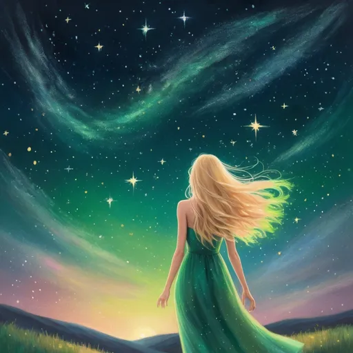 Prompt: (rough colorful pastel sketch) of a woman, facing away, (long blonde hair), (slim figure), (simple green dress), (beautiful starry night sky), reaching up to touch a star, dreamy atmosphere, vibrant colors, soft texture, high depth, enchanting ambiance, peaceful mood, background filled with twinkling stars, ultra-detailed composition.