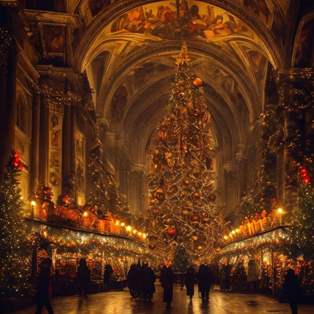 Prompt: Masterpiece art style of a old fashioned Christmas.  There is a warm glow and Christmas lights everywhere. THey people are clearly religious and happy. There is a tree with oranges and lights on it. IN the style of Michelangelo 
Make it more artistic and dramatic, creat a sense of it being hung in a cathedral. 