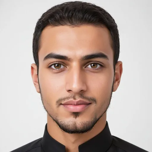 Prompt: Create an image of a handsome Muslim man with honey-colored skin, beautiful eyes, and light bulk body. He is 5'9" tall, has a charismatic personality, and is well-educated with a master's degree.
