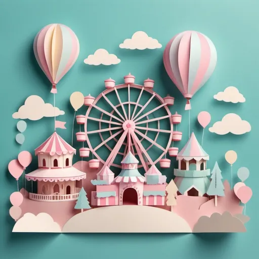 Prompt: Paper craft, pastel tone, banner type, soft feel, empty at center for text insert, amusement park, cotton candy, merry-go-round,  balloon, a ferris wheel at right bellow, stacked paper