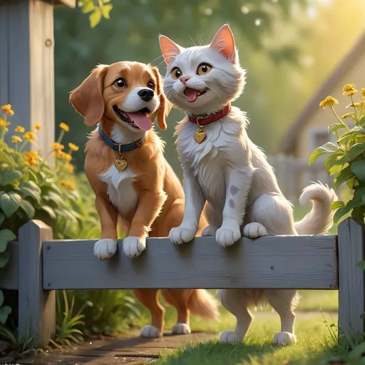 Prompt: Title: The Dog Gave the Cat a Wave

Once upon a time, in a quiet little village by the river, there lived a gentle golden dog named Buddy and a shy grey cat named Misty. They were neighbors but had never spoken to each other. Misty spent her days sunbathing on the fence, while Buddy loved splashing in puddles and chasing butterflies in the yard.

One sunny morning, Buddy saw Misty sitting gracefully on the fence, her fur glowing in the golden light. She looked like a small queen watching over her kingdom. Buddy wagged his tail and barked softly, but Misty only blinked and turned her head away.

Feeling a bit shy himself, Buddy thought for a moment and decided to do something different. The next day, when Misty was again on her favorite spot, Buddy trotted over to the fence, sat down, and lifted one paw — giving her a friendly wave.
Misty blinked in surprise. No dog had ever waved at her before! She tilted her head, curious. Buddy smiled, tail wagging faster. Slowly, Misty raised her paw and gave a tiny wave back.

From that day on, they waved to each other every morning. Soon, Misty began joining Buddy for short walks along the garden path. Buddy would protect her from noisy crows, and Misty would purr stories about the stars when night fell.

The villagers often smiled when they saw them — a cat and a dog, walking side by side, as if they’d always been best friends.

And every morning, before their walk began, the dog gave the cat a wave — a small gesture that started a lifelong friendship.

The End. 🐾