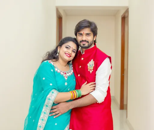 Prompt: In a brightly lit indoor setting, a young couple stands closely together, exuding warmth and camaraderie. The male figure, dressed in a striking red sari embellished with golden motifs over a white shirt, has a serious expression that contrasts with the playful demeanor of the woman beside him. She dons a vibrant turquoise outfit with intricate designs along the neckline, flashing a charming smile as she leans slightly towards him. Their intertwined arms suggest a tender bond, while the smooth, white tiled floor beneath them enhances the sense of intimacy in this casual yet affectionate moment, captured amidst neutral walls that provide a simple backdrop.