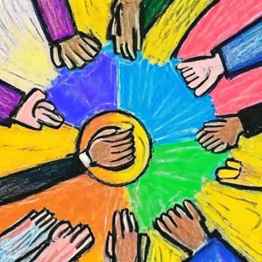 Prompt: oil pastel art of people serving help for a peaceful and prosperous community using happy colors