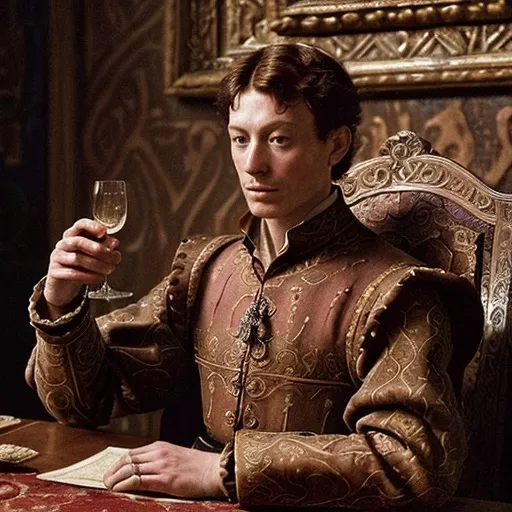 Prompt: (cosimo de medici seated at a table), historical figure, 15th-century attire, ornate clothing with rich textures and patterns, intricate jewelry, warm ambient lighting, detailed wooden table, lavish banquet setting, opulent background filled with renaissance art and decor, (ultra-detailed), atmospheric mood of sophistication and power, deep shadows enhancing the elegance.