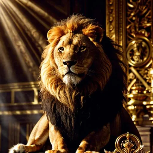 Prompt: Lion sitting on ornate throne, majestic mane, regal expression, golden sunlight streaming, oil painting, detailed fur texture, royal setting, high quality, realistic, luxurious, warm tones, dramatic lighting, opulent, grandiose, king of the jungle