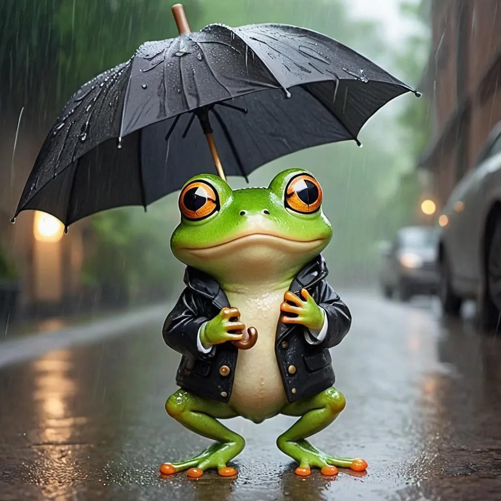 Prompt: A cute frog wearing a black jacket holding an umbrella made out of a leaf in the rain