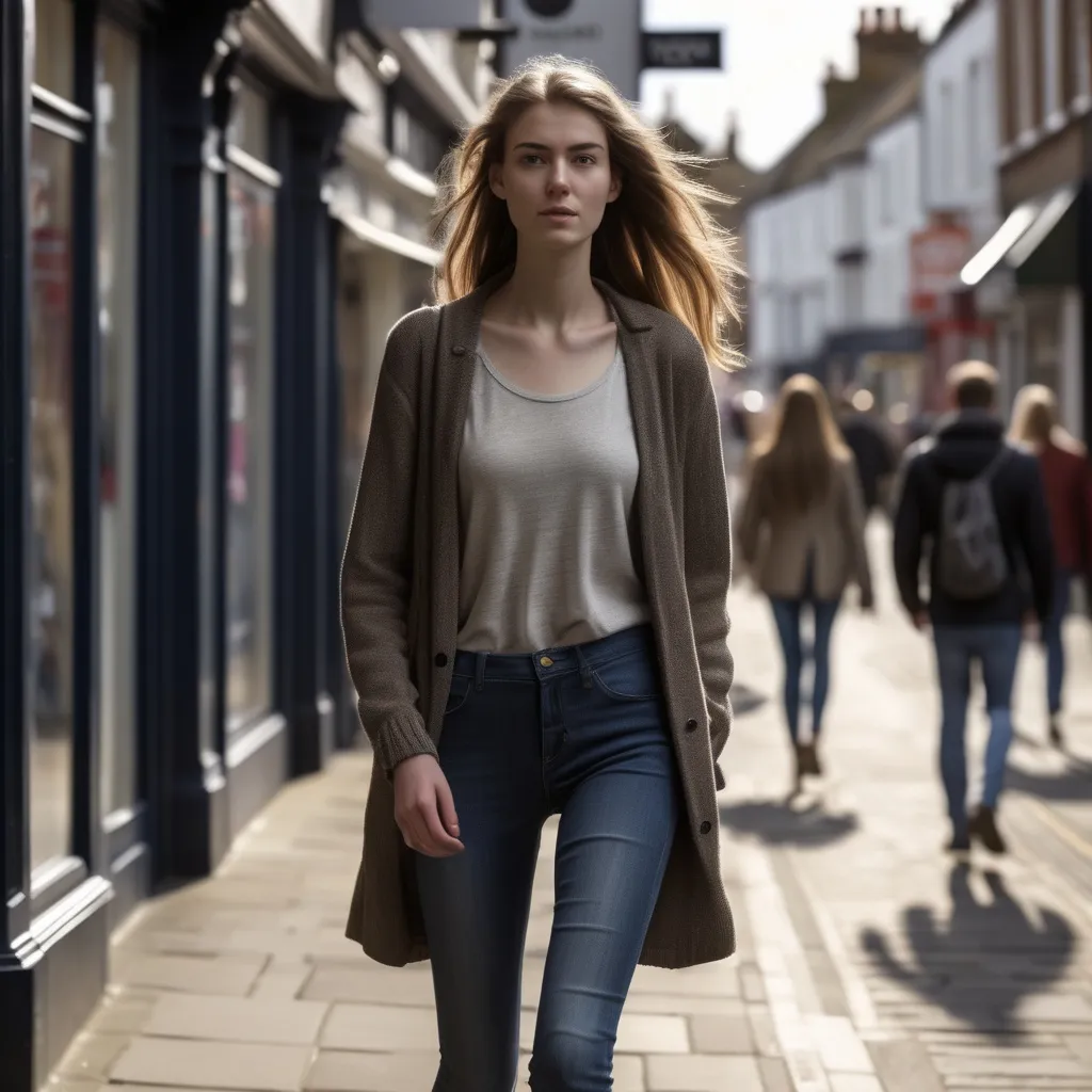 Prompt: Tall young woman walking down the high street, detailed clothing, realistic, natural lighting