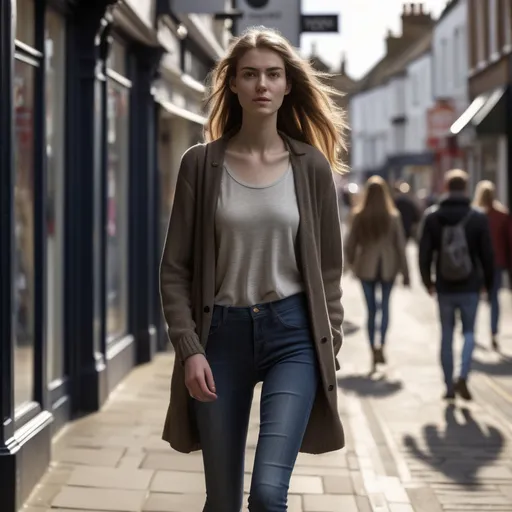 Prompt: Tall young woman walking down the high street, detailed clothing, realistic, natural lighting