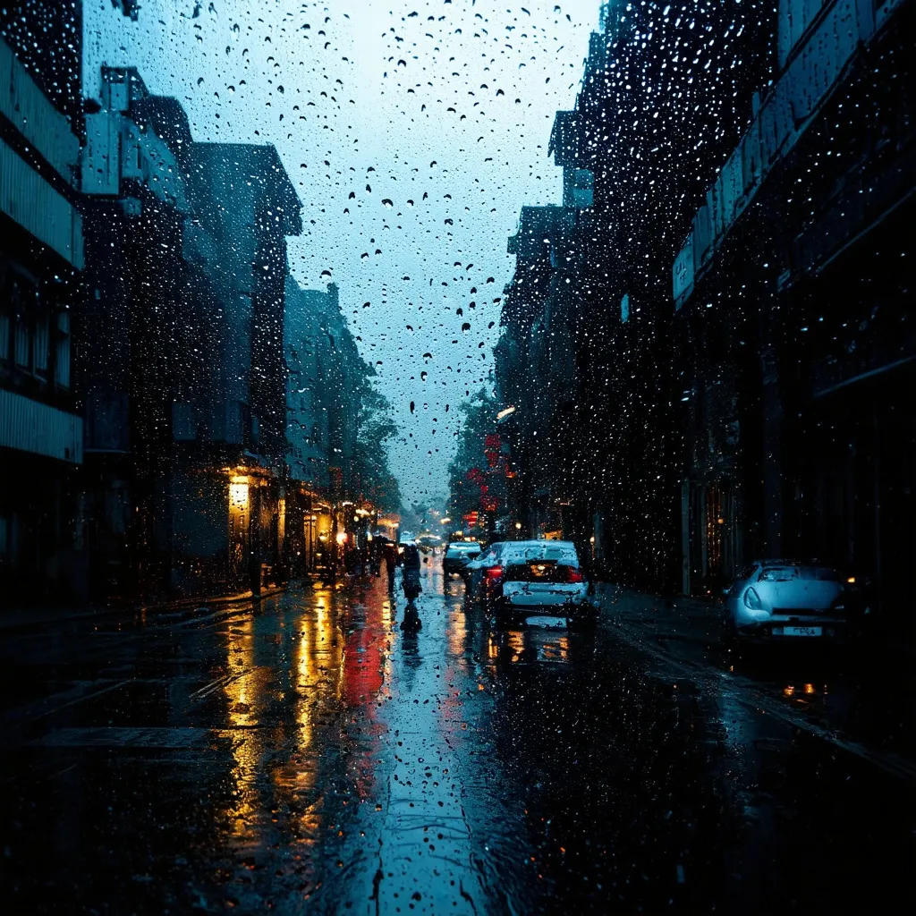 Prompt: a dark view of heavy rain