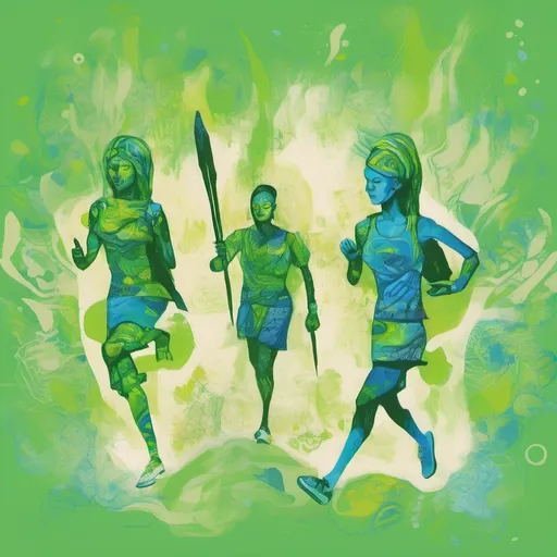 Prompt: (color palette: vibrant greens, calming blues), logo design, bold and modern typography, (emphasizing team spirit), elements representing wellness activities (walking, running, meditation), creative iconography inspired by warriors, clean and professional aesthetic, (dynamic composition), appealing for a friendly contest atmosphere, highlighting collaboration and health, high-quality design suitable for print and digital use. And add a title saying: The Defender Wellness Warriors