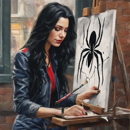 Prompt: A beautiful woman with long black hair is painting a Spider-Man picture