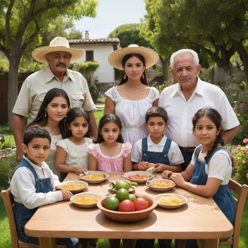 Prompt: An extended traditional Mexican family with 8 members, two of them are Test Clara's grandmother and grandfather and 2 are Test Morena's young people, as well as 2 preschoolers, in a garden with natural light, who are enjoying a meal outdoors. free