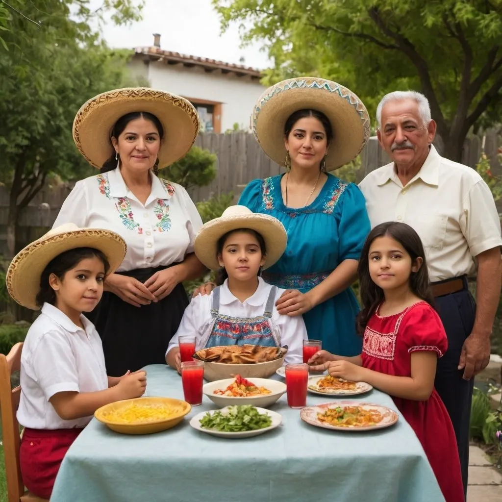 Prompt: An extended traditional Mexican family with 8 members, two of them are Test Clara's grandmother and grandfather and 2 are Test Morena's young people, as well as 2 preschoolers, in a garden with natural light, who are enjoying a meal outdoors. free