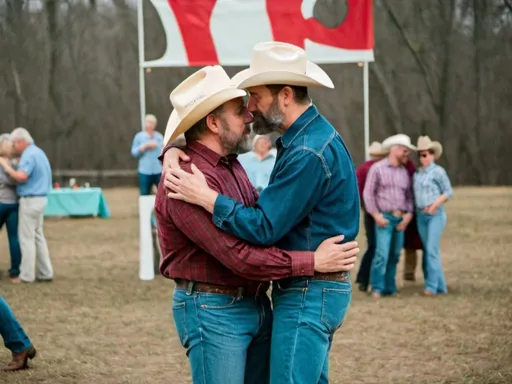 Prompt: A bearded middle aged gay couple slow dancing and kissing closely wearing a cowboy hat, blue jeans, and long sleeve denim shirt at a gay square dance