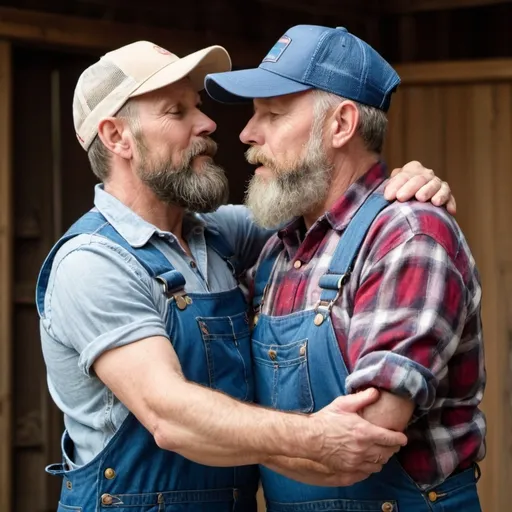 Prompt: Two gay bearded 50 year old guys wearing blue overalls, trucker cap and buttoned long sleeved flannel shirt slow dancing closely 
