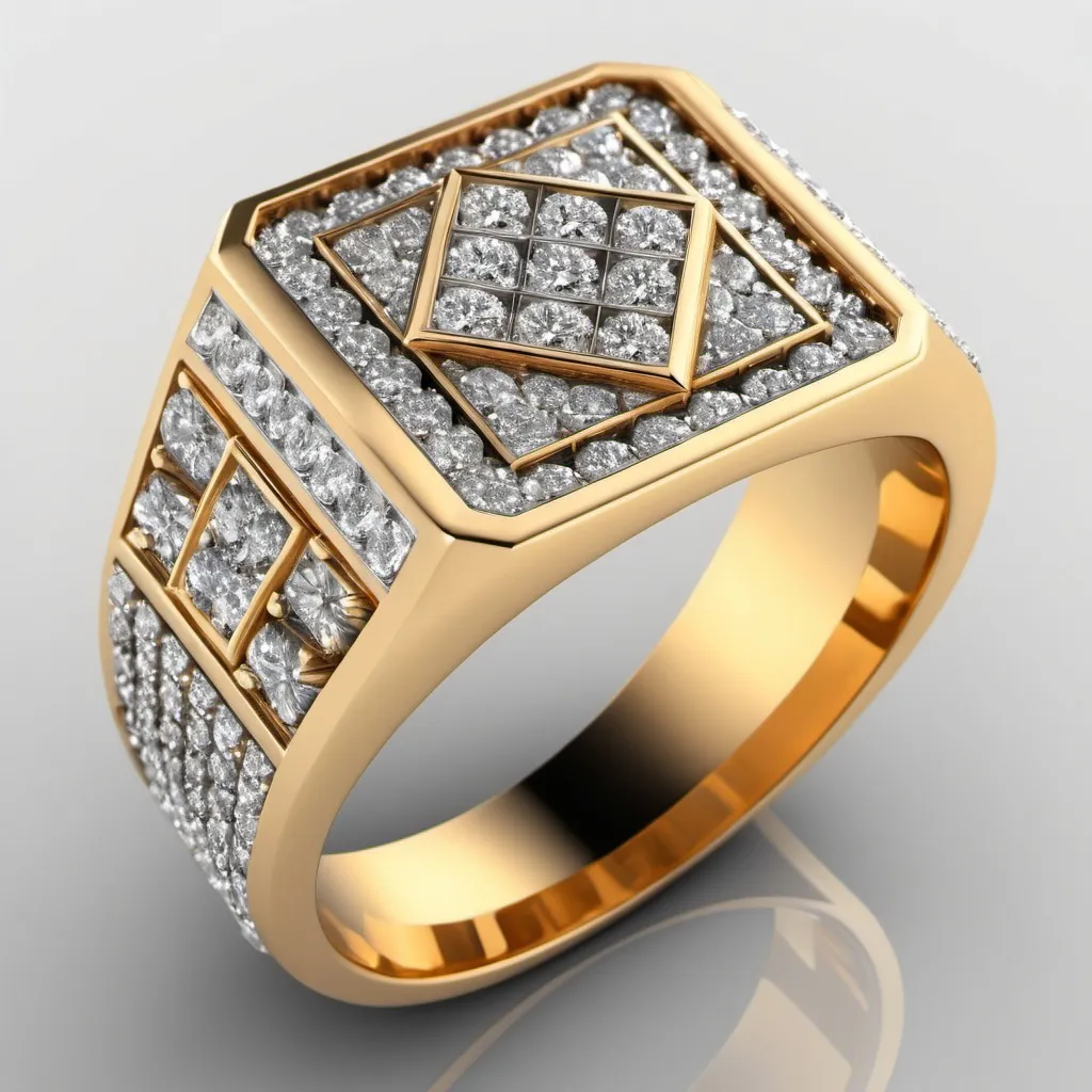 Prompt: a traditional men's ring.
with many small diamonds clustered together forming a unique design.
No diamonds on the band.
Diamonds only on the face of the band
No big diamonds.
No diamond that stands out
Add a touch of elegance 