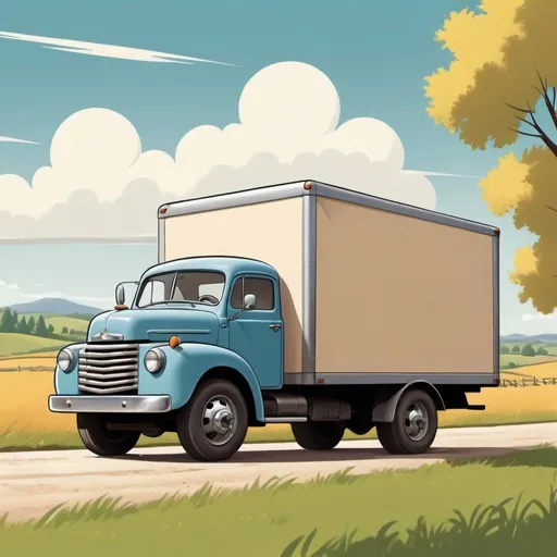 Prompt: cartoon moving truck, moving in countryside, side view of the moving truck, 1950's style, same image without boxes.

