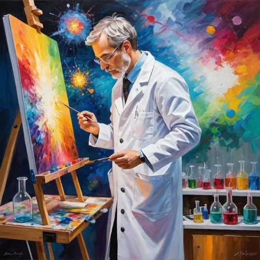 Prompt: A vivid and colorful painting depicting a scientist, dressed in a lab coat, passionately creating an impressionist artwork on an easel. The scene is filled with vibrant colors and dynamic brushstrokes, capturing the energy and creativity of the moment. The background is a blend of a laboratory setting with scientific equipment and an artistic studio, merging the worlds of science and art. The scientist's focused expression and the bold, expressive style of the impressionist painting on the canvas convey a sense of innovation and inspiration