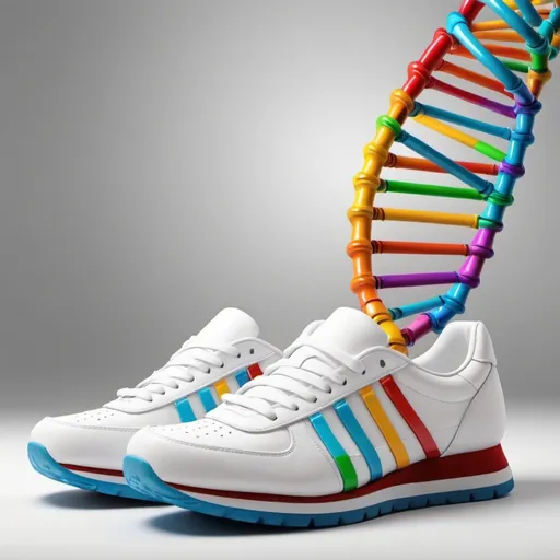Prompt: Create an image featuring a pair of quality shoes with a DNA motif. The shoes should be stylish and modern, symbolizing innovation and progress. Integrate the DNA double helix in a creative way into background. The background should be clean and professional, highlighting the connection between advanced genomic technology and everyday items. The image should evoke a sense of cutting-edge science and accessibility. The style is realistic photo.