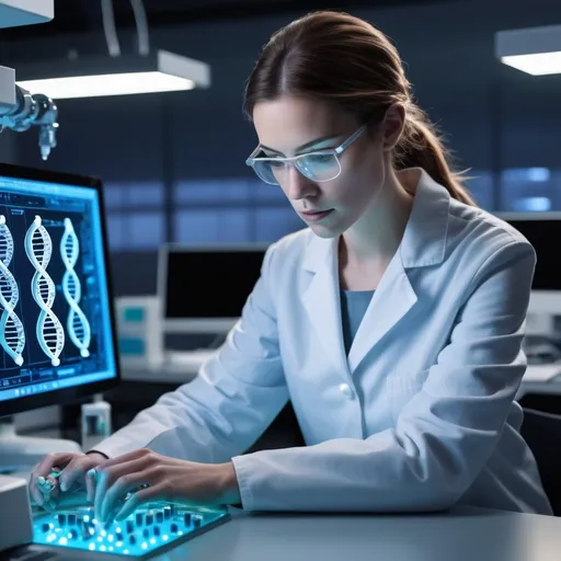 Prompt: A female scientist is focused on her computer, typing with precision. The screen displays a detailed, rotating 3D model of a DNA molecule, highlighted with glowing strands and molecular bonds. Beside her, on the sleek lab desk, stands a sophisticated machine actively producing a pill. The machine emits a soft blue glow, with robotic arms delicately assembling the pill's components. The lab is modern and well-lit, filled with advanced scientific equipment and soft ambient lighting that emphasizes the high-tech environment. The scientist is dressed in a crisp white lab coat, with an expression of deep concentration