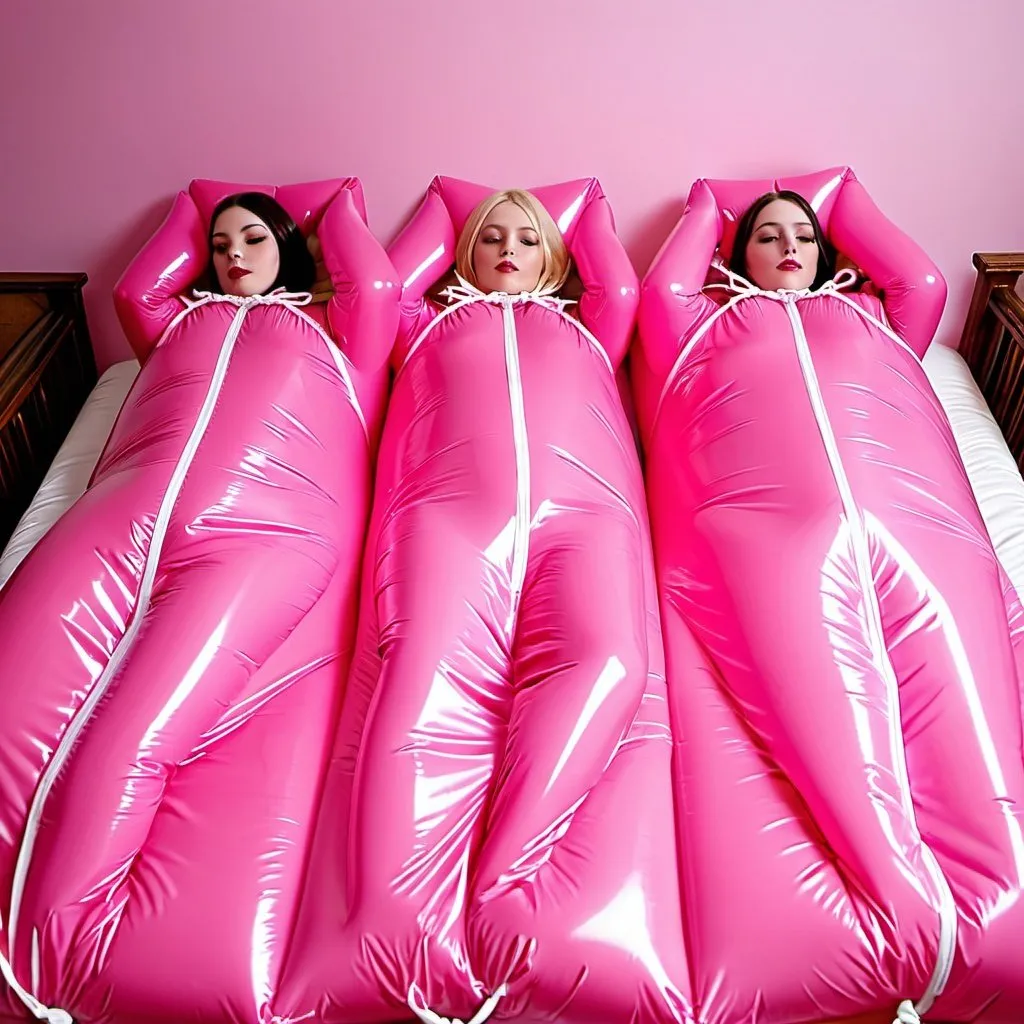 Prompt: Three girls with pink latex hoods inside inflatable pink latex sleepsacks, arms and hands not visible, tied with white rubber belts on a victorian bed