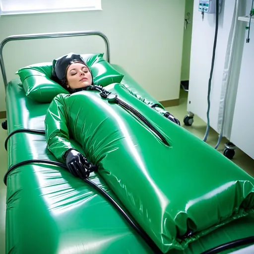 Prompt: A girl with green latex hoods inside inflatable green latex sleepsacks, tied with multiple black rubber belts on a bed in a medical room, inside the room there is a nurse in latex