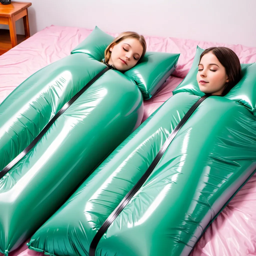 Prompt: Girls inside inflatable latex sleepsacks closed with rubber belts on the bed