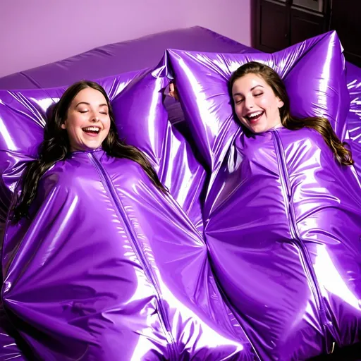 Prompt: Two girls inside latex sleepsacks doing a pejama party